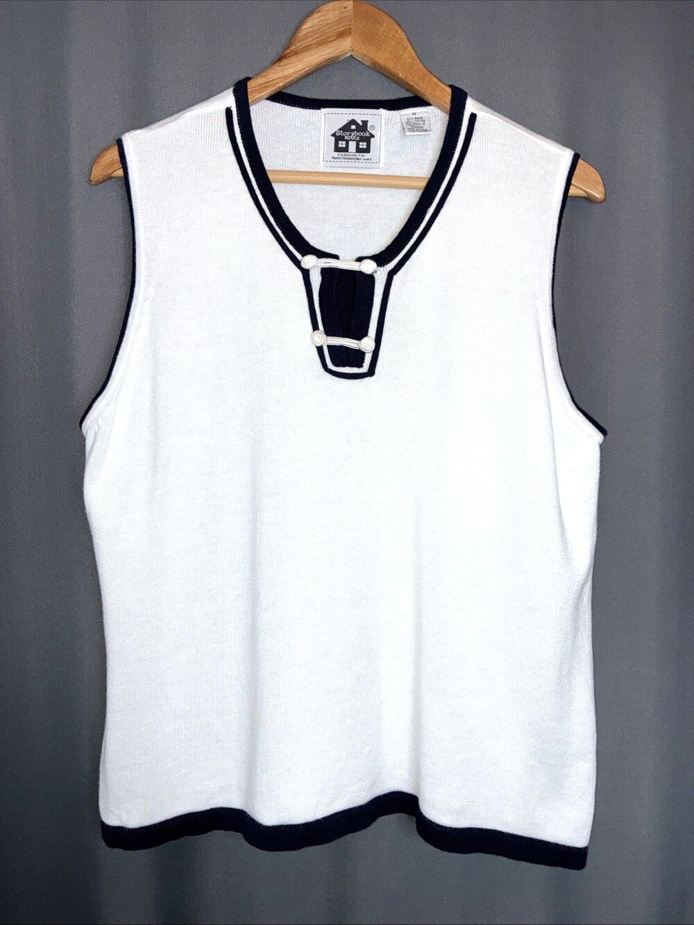 Storybook Knits Tank Top Two If By Sea Sz 1X White Navy Blue Trim Nautical Beach